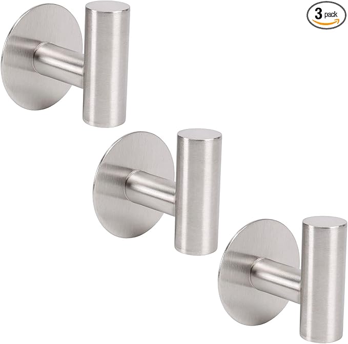 TocTen Bath Towel Hook, Strong Self Adhesive Robe Hook, SUS 304 Stainless Steel Stick on Wall Coat/Clothes Hook No Drilling, Shower Wall Hook for Bathroom Kitchen Office Closet(Brushed Nickel, 3 Pack)