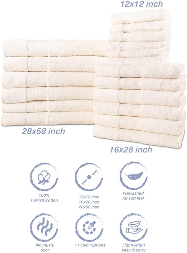 Hencely 18-Piece Bath Towel Set - High Absorbency, Quick Drying - 100% Soft Turkish Cotton - 6 Bath Towels, 6 Hand Towels, 6 Washcloths - for Bathroom, Home, Hotel, Spa, and Gym - 18-Pack Ivory
