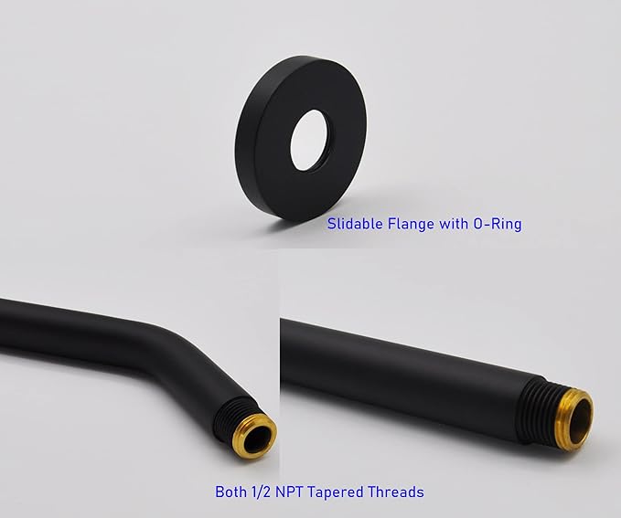 Aquaiaw Shower Arm and O-Ring Flange, 6 inch, Solid Brass, Round, Both 1/2 NPT Tapered Threads, Matte Black Wall Mount Shower Arm Extension with Escutcheon, for Rainfall Shower Head Max. 10 inch
