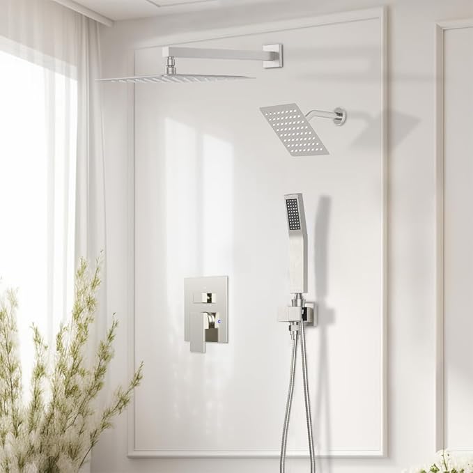 Rain Shower System Brushed Nickel, STARBATH 12+6" Dual Shower Head with Handheld Spray for Two Person, Wall Mounted Shower Faucet Set 3 Way Shower Valve with 5 Diverter and Trim Kit Complete