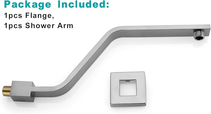 16 Inch S Shape Brushed Nickel Shower Head Arm, Square Wall Mounted Shower Arm and Flange Included