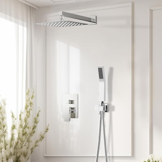 Shower Faucet Set Chrome Shower System, Starbath 12" Rain Shower Head and Handheld Spray Shower Set Complete Wall Mounted, 2 Way Pressure Balance Shower Valve and Trim Kit Included