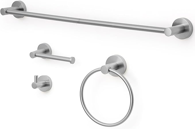 Brushed Nickel Bathroom Hardware Set 4 Piece Towel bar Set,Towel Rack for Bathroom Wall Mounted Adjustable Expandable 24 inch Towel Holder Robe Hook Towel Ring Toilet Paper Holder