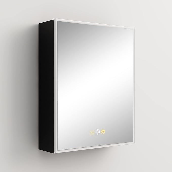 Black Medicine Cabinets for Bathroom with Mirror, 24”W x 30”H Surface Wall Mounted LED Medicine Cabinet with Lights, Defogger, Dimmer, Outlets & USB, Left Hinge