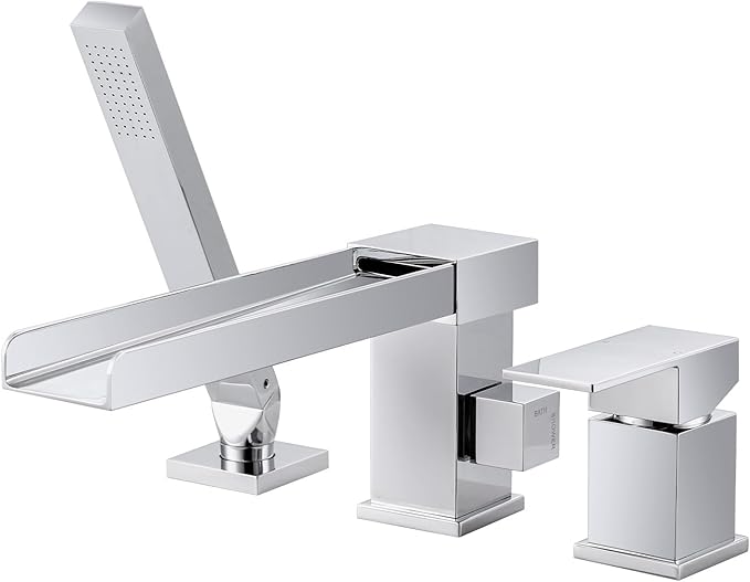 Waterfall Roman Tub Filler Faucet, Deck Mount Bathtub Filler with 360°Swivel Spout, 3 Holes Bathroom Tub Faucet with Sprayer, Chrome
