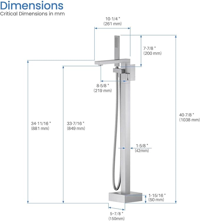 KIBI Cube Brushed Nickel Freestanding Bathtub Faucet ‑ Floor‑Mounted Brass Tub Filler | Single‑Handle Bathroom Faucets with Hand Shower, Ceramic Cartridge & Stainless Steel Hose (KTF302BG)