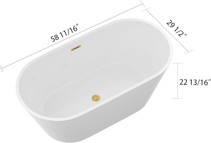 Logmey 59 In White Acrylic Freestanding Bathtub Oval Shape Soaking Tub with Gold Drain & Overflow Assembly for Classic and Modern Bathrooms