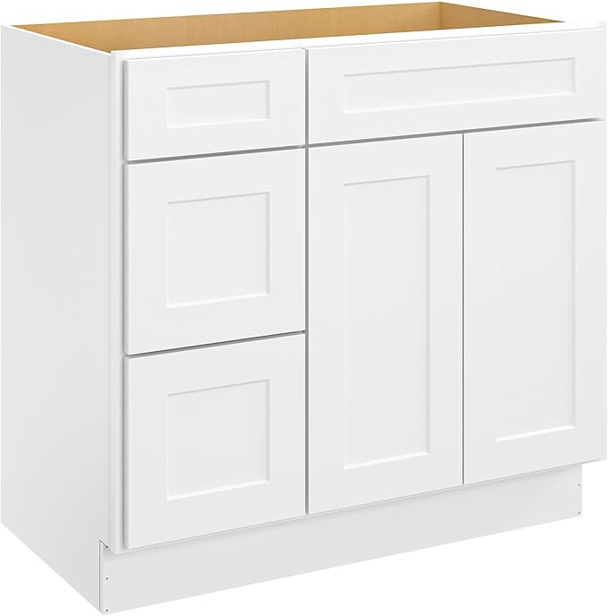 ROOMTEC Bathroom Cabinet, 36'' Free Standing Bathroom Vanity with 3 Left Drawers and 1 Door,Soft-Close Drawer Slides Morden Bathroom Sink Vanity Storage Cabinet, Shaker White