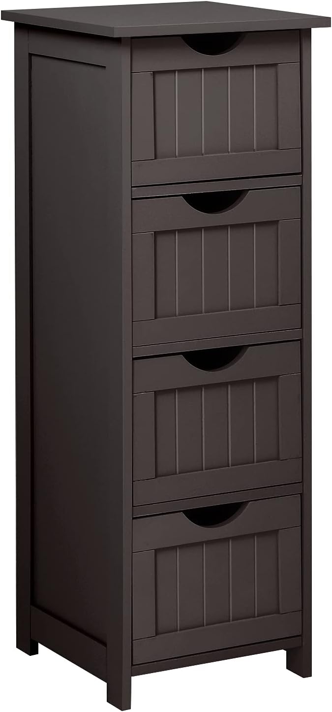 Bonnlo Skinny Bathroom Floor Storage Cabinet, 12 Inch Wide Deep Small Storage Organizer with 4 Drawers, Wooden Modern Espresso Thin Free Standing Tower Cabinet w/ 4 Cute Drawers for Bathroom