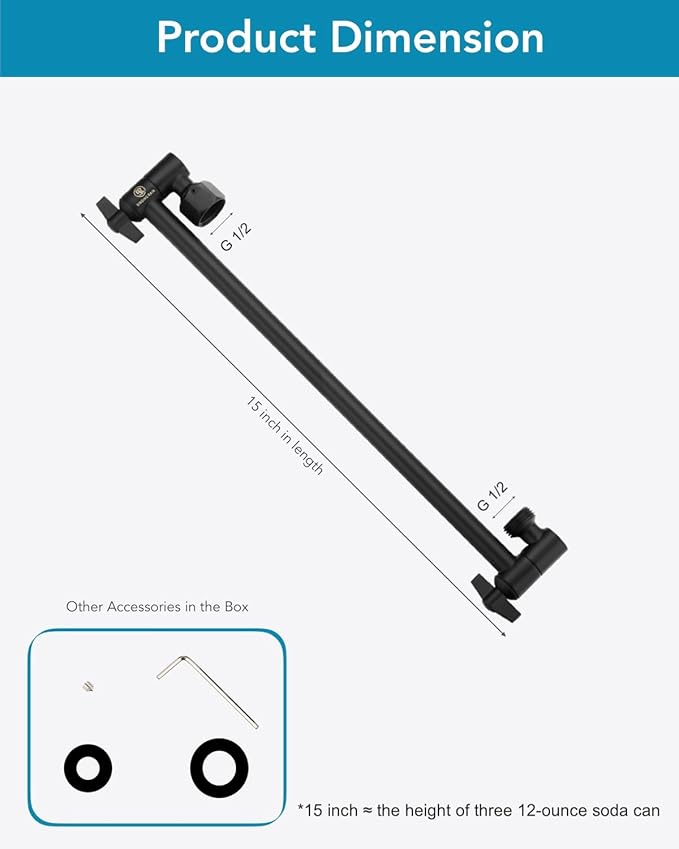 15 Inch Extra Long Adjustable Shower Head Extension Arm With Locking Set Screw, Singing Rain Brass Angle Height Adjustable, Easy To Install, G1/2 Universal Connector Compatible (Matt Black)