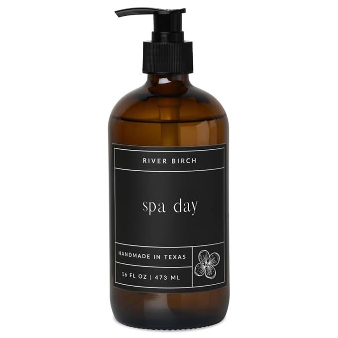 River Birch Spa Day Scented Natural Hand Soap - Handmade Soap - Moisturizing Hand Wash with Amber Glass Dispenser - Luxury Scented Hydrating Hand Soap - Vegan and Non-Toxic - 16 Fl Oz