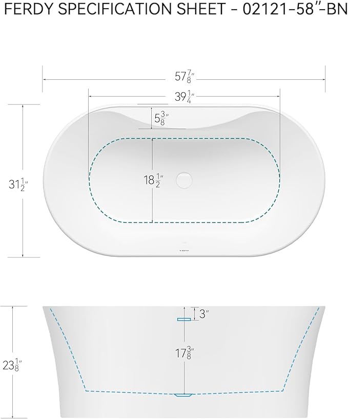 FerdY Santorini 58" Acrylic Freestanding Tub, Gracefully Shaped Contemporary Soaking Tub, Glossy White, cUPC Certified, White Toe-tap Drain and