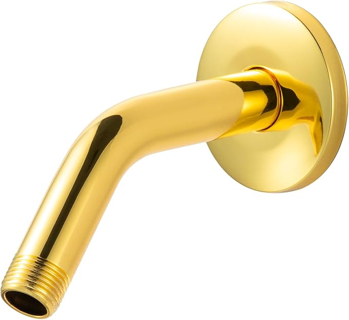 OFFO Shower Arm with Flange, 6 in Bright Gold Wall Mount Replacement Angle Shower Head Arm Wall-Mounted For Fixed Shower Head & Handheld Showerhead