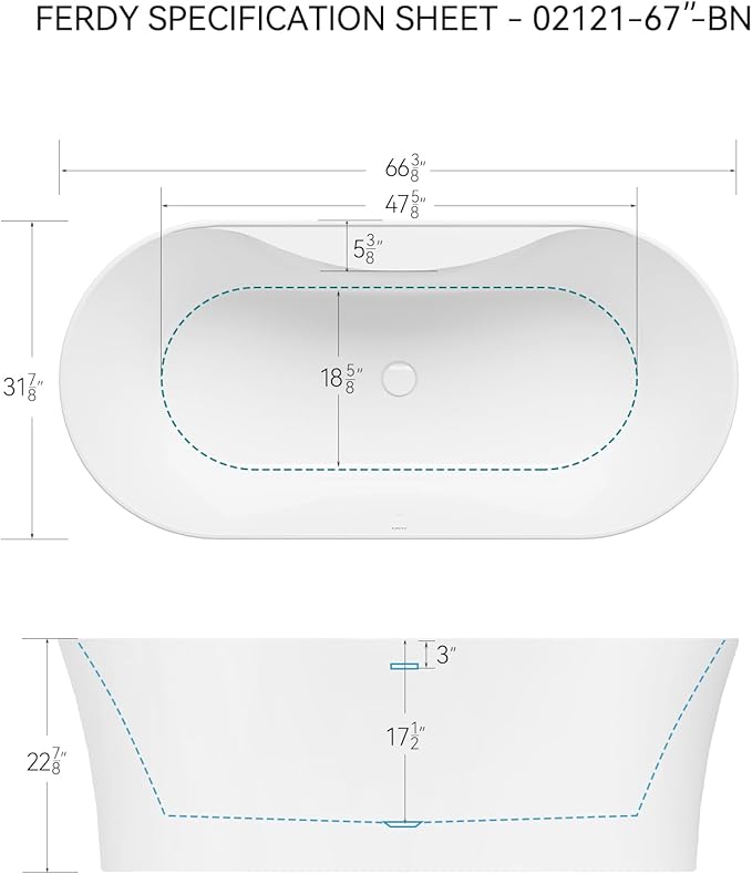 FerdY Santorini 67" Acrylic Freestanding Tub, Gracefully Shaped Contemporary Soaking Tub, Glossy White, cUPC Certified, White Toe-tap Drain and