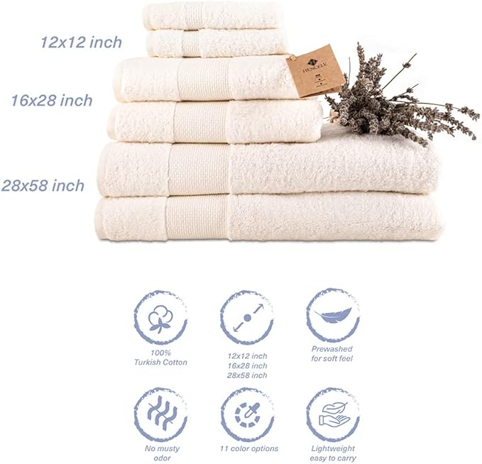 Hencely 6-Piece Bath Towel Set - High Absorbency, Quick Drying - 100% Soft Turkish Cotton - 2 Bath Towels, 2 Hand Towels, 2 Washcloths - for Bathroom, Home, Hotel, Spa, and Gym - 6-Pack Ivory