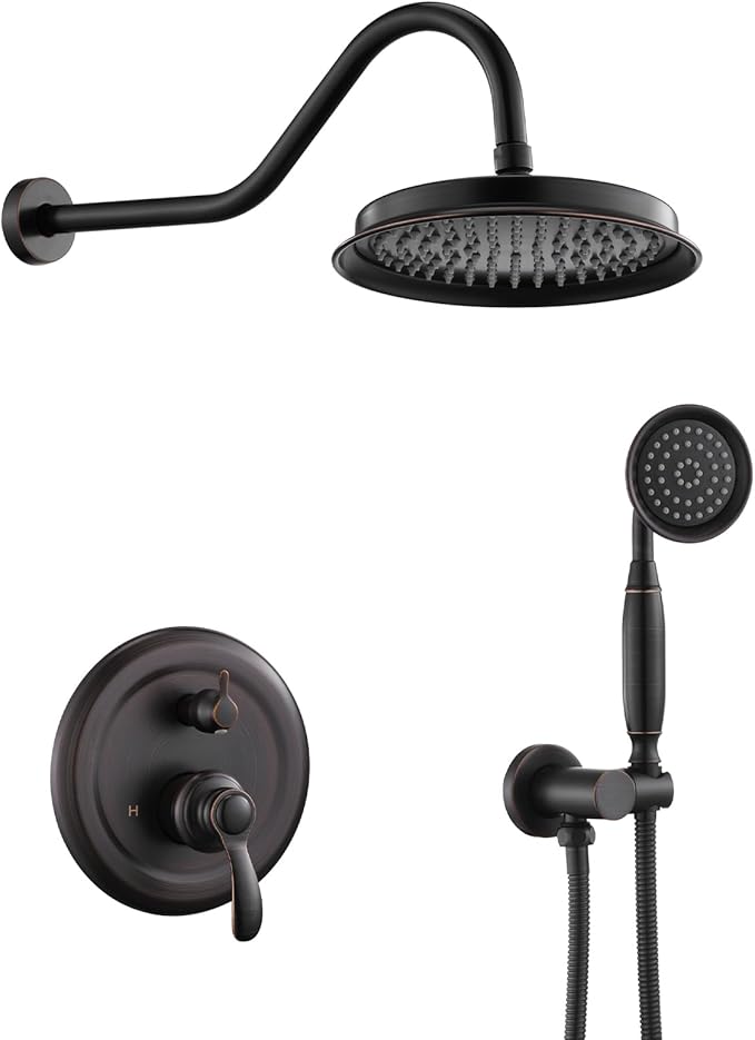 Antique Shower Head Faucet Set,Oil Rubbed Bronze Vintage Wall Mount Shower Faucets Combo With Handheld Spray,Bathroom Rainfall Shower System Trim Kit With Brass Pressure Balance Valve & 9''Shower Head