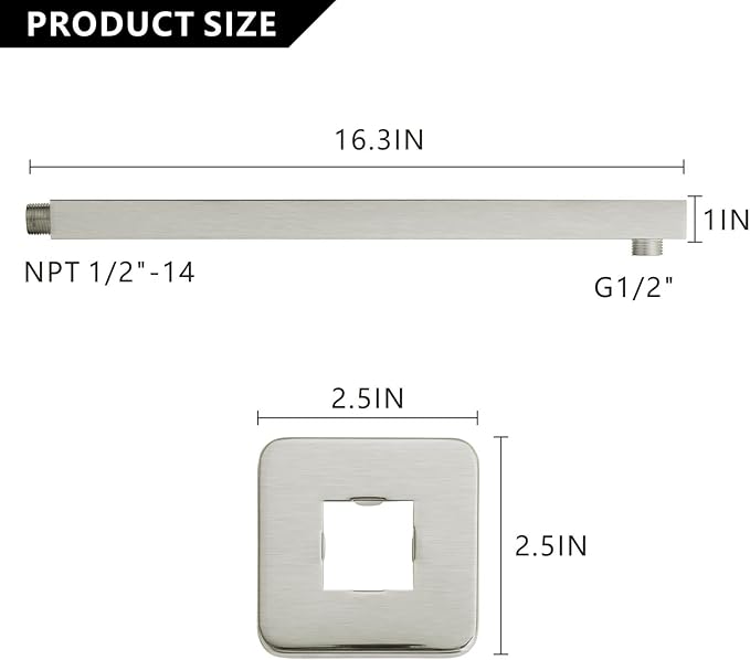 Voolan 16" Square Shower Arm with Flange and Teflon Tape, Extension Shower Head Arm for Bathroom Fixed Shower Head, Solid Stainless Steel, Wall Mounted (Brushed Nickel)