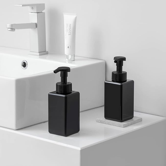 UUJOLY Foaming Soap Dispenser, 15oz Refillable Pump Bottle Plastic for Liquid Soap, Shampoo, Body Wash, 4 Pcs, Black