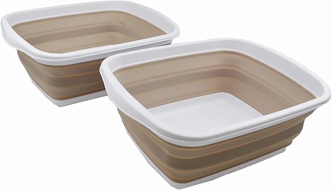 SAMMART 10L (2.6 Gallons) Set of 2 Collapsible Tub - Foldable Dish Tub - Portable Washing Basin - Space Saving Plastic Washtub (White/Latte (Set of 2))