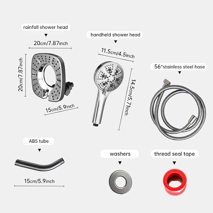 Shower Head with Handheld Spray Combo 2 in 1 Rainfall High Pressure with 59" Rotatable Stainless Steel Hose 9 Spray Modes Detachable Silver