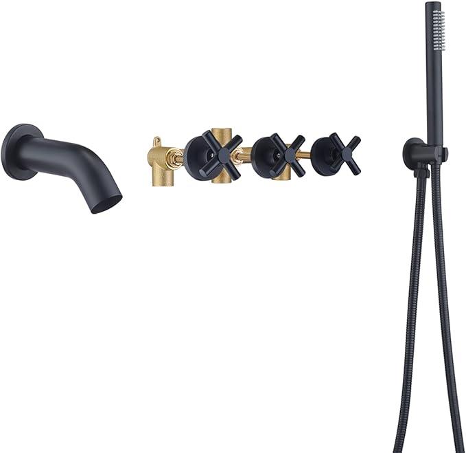 SUMERAIN Wall Mount Bathtub Faucet with Hand Shower,3 Handle Tub Shower Faucet Matte Black High Flow Waterfall Tub Filler