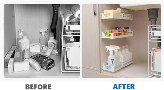 Under Sink Organizer Sliding Storage Rack for Kitchen & Bathroom, Space-Saving Pull-Out Storage for Bottles, Spices, Cleaning Supplies Adjustable Under Cabinet Organizer Durable Metal Shelf, White