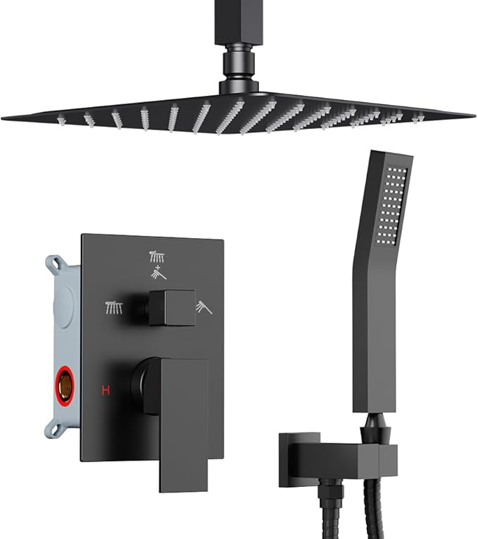 Shower Faucet Set Matte Black Shower System, Starbath 12" Rain Shower Head and Handheld Spray Shower Set Complete Ceiling Mounted,2 Way Pressure Balance Shower Valve and Trim Kit Included