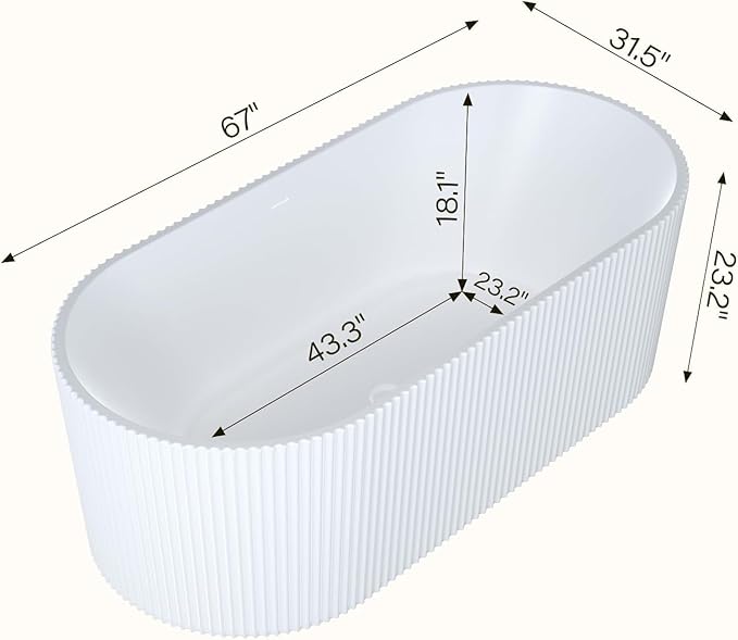 59" Free Standing Tub, Acrylic Soaking Bathtub, Stand Alone Freestanding Tub with Matte Sliver Drain and Overflow, Contemporary Bathtub for Bathroom, Pleated Gloss White