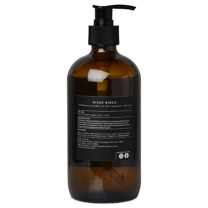 River Birch Spa Day Scented Natural Hand Soap - Handmade Soap - Moisturizing Hand Wash with Amber Glass Dispenser - Luxury Scented Hydrating Hand Soap - Vegan and Non-Toxic - 16 Fl Oz