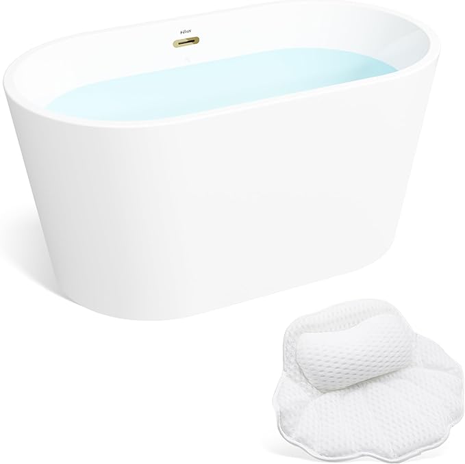 FerdY Shangri-La 47" Acrylic Freestanding Bathtub with Headrest, Small Classic Oval Shape Acrylic Soaking Bathtub with Polished Gold Drain & Overflow& Bath Pillow, cUPC Certified
