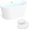 FerdY Shangri-La 47" Acrylic Freestanding Bathtub with Headrest, Small Classic Oval Shape Acrylic Soaking Bathtub with Polished Gold Drain & Overflow& Bath Pillow, cUPC Certified