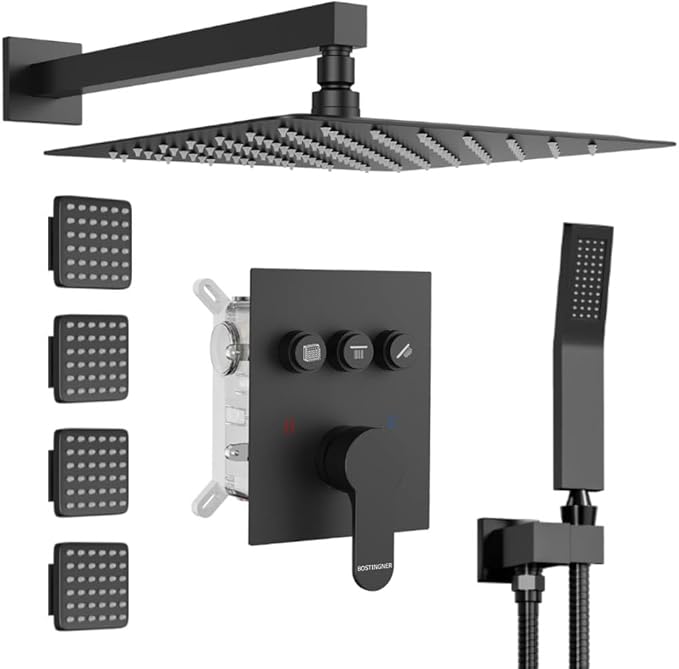 Shower System with Body Jets,Bostingner 3 Way Shower Faucet Set 12" Rain Shower Head with Handheld Spray, Can Use at Same Time,Push Button Diverter Shower Head Set Complete, Matte Black