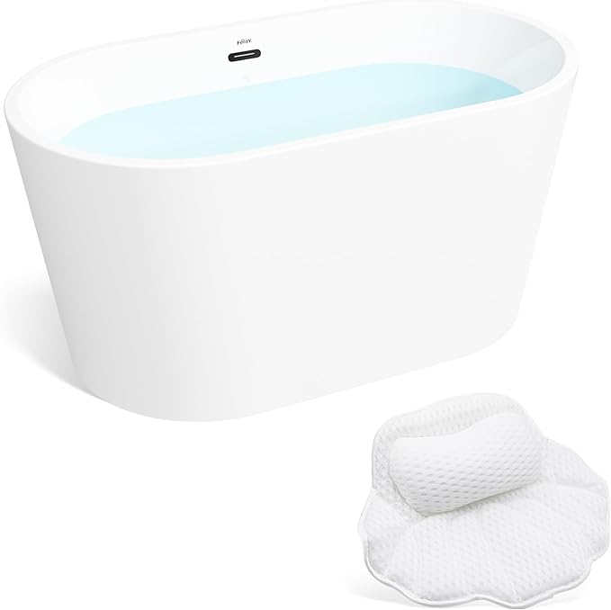 FerdY Shangri-La 47" Acrylic Freestanding Bathtub with Headrest, Small Classic Oval Shape Acrylic Soaking Bathtub with Matte Black Drain & Overflow& Bathtub Pillow, cUPC Certified