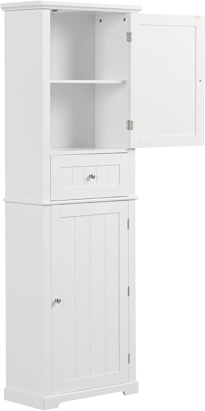 Favfurish Tall Bathroom Storage Cabinet with Doors and Drawer,Modern Linen Cabinets w/Adjustable Shelf & Anti-Toppling Device,Freestanding Narrow Cabinet for Bathrooms,Living Room, Entryway,White