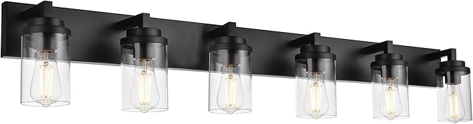 MELUCEE Black Vanity Lights with Clear Glass Shade, 6-Light Modern Bathroom Lighting Fixtures Over Mirror Industrial Wall Mount Light Fixture for Powder Room Kitchen Living Room
