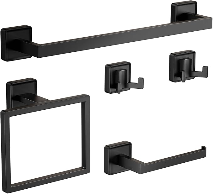 5-Pieces Matte Black Bathroom Hardware Accessories Set, SUS304 Stainless Steel Bath Towel Bar Set, 15.6 Inch Bath Towel Bar Set，Towel Racks for Bathroom Wall Mounted.