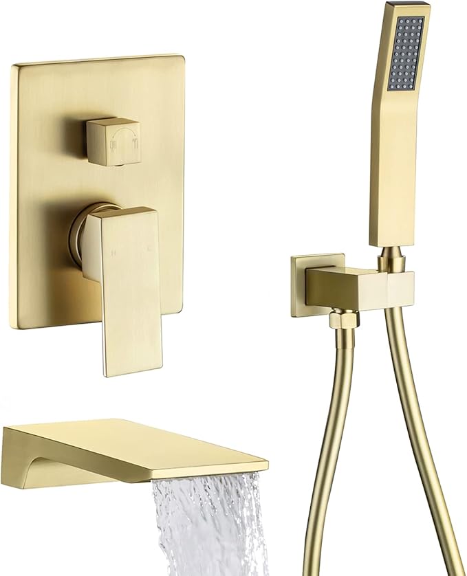 Wall Mount Roman Tub Filler Faucet Single Handle Bathroom Bathtub Faucet with Hand Sprayer Waterfall Tub Faucet with Hand Shower, Brushed Gold