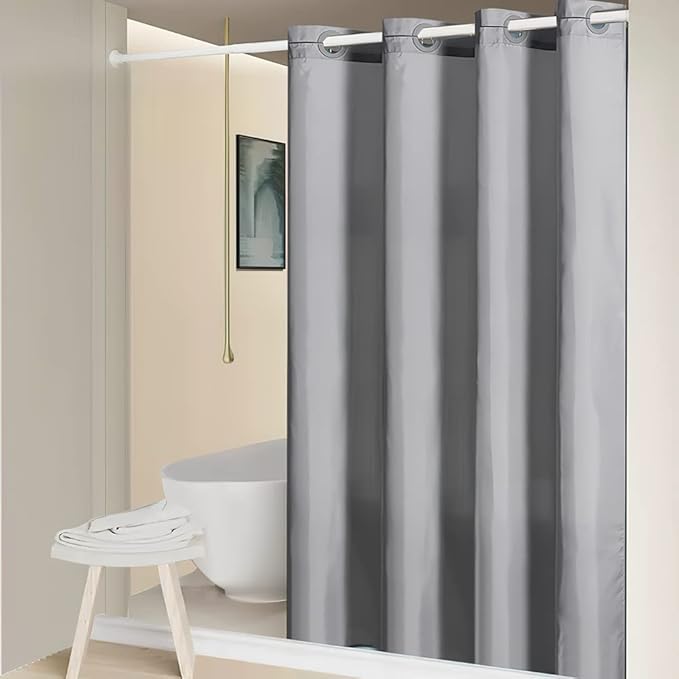 Furlinic Light Grey No Hook Small Stall Shower Curtain 48x78 Inch,Half Narrow Size Polyester Fabric Bathroom Curtains with 6 Plastic Split Grommets,Hotel Quality Waterproof Washable Bath Curtain