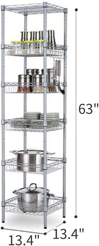 6 Tier Storage Racks Shelving, Heavy Steel Pantry Shelves, Adjustable Wire Shelving Rack, Suitable for Garage, Kitchens, Offices, 13.4" W x 13.4" D x 63" H, Silver