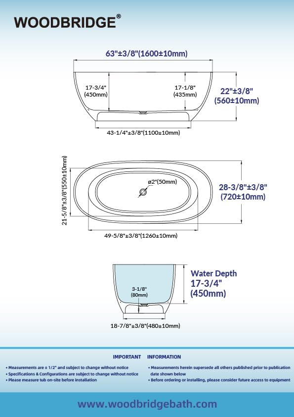 WOODBRIDGE 63" L x 28-3/8" W Transparent Blue Stone Resin Freestanding Soaking Tub with Double Ended Design