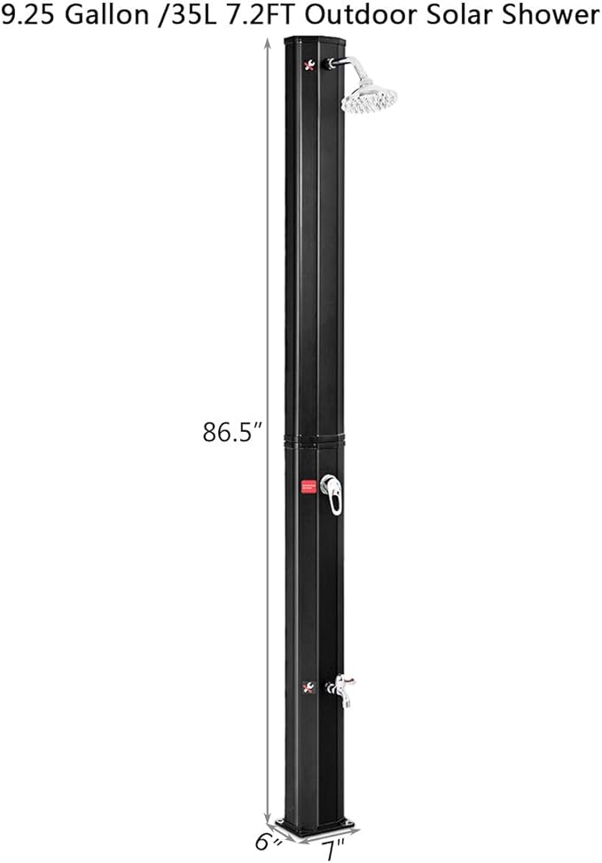 Giantex 7.2Ft 9.3 Gallon 2-Section Solar Heated Shower W/Shower Head Outdoor Backyard Poolside Beach Pool Spa for Easy Installation, Black