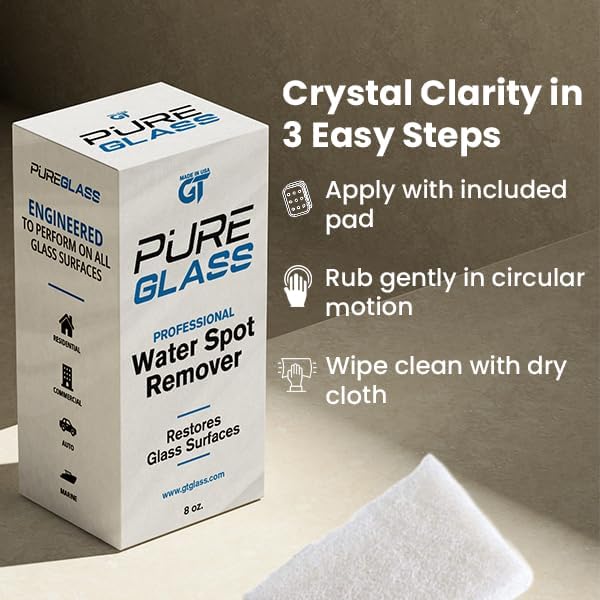 PureGlass Water Spot Remover, Professional-Grade Glass Cleaner for Windshields, Windows & Shower Glass, Removes Hard Water Stains, Calcium, and Mineral Deposits, Scratch-Free Finish, 8 oz