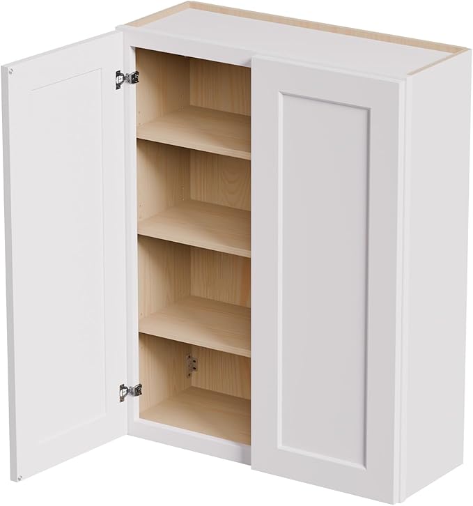 33 Inch Laundry Room Cabinets Wall Mounted, Solid Wood Over The Toilet Storage Cabinet, Bathroom Organizer Cabinets with 2 Shaker Door & 3 Shelves, Easy to Assemble for Kitchen, Garage - White
