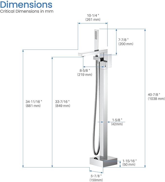 KIBI Cube Chrome Finish Freestanding Bathtub Faucet ‑ Floor‑Mounted Brass Tub Filler with Single‑Handle Bathroom Faucets with Hand Shower, Ceramic Cartridge & Stainless Steel Hose (KTF302CH)