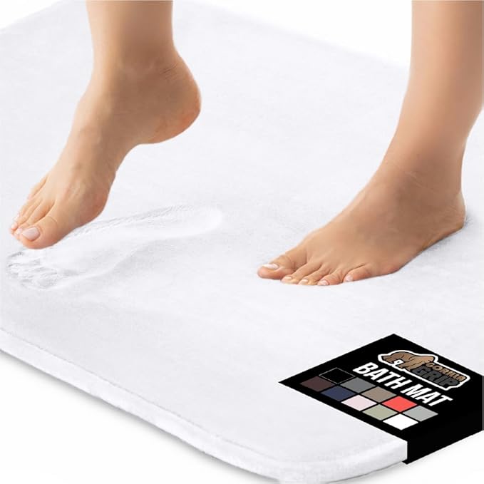 GORILLA GRIP Thick Memory Foam Bath Rugs, Soft Absorbent Velvet Bathroom Mats, Durable Dots on Underside, Machine Washable Bathmat, Carpet Rug Room Decor for Shower Floor, 48x24 Mat, White