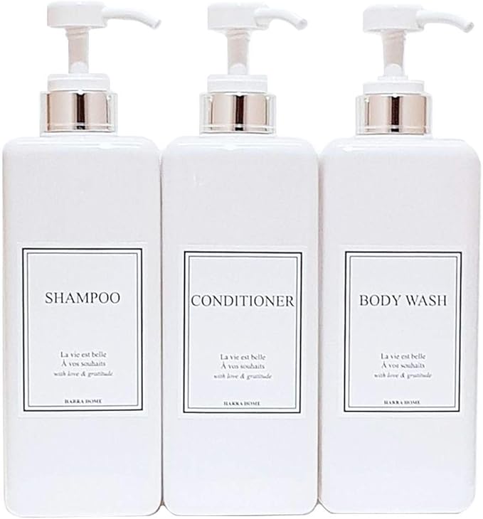Modern Design Shampoo and Conditioner Dispenser, Large 27oz Shower Soap Dispenser, Set of 3 Refillable Empty Plastic Pump Bottles for Bathroom (6 Waterproof Labels Included), White & Silver