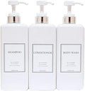 Modern Design Shampoo and Conditioner Dispenser, Large 27oz Shower Soap Dispenser, Set of 3 Refillable Empty Plastic Pump Bottles for Bathroom (6 Waterproof Labels Included), White & Silver