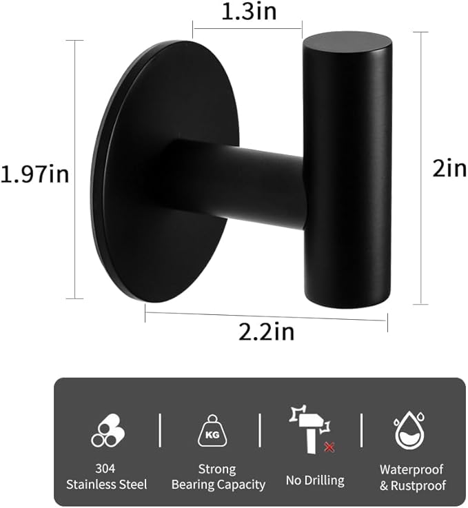 Self Adhesive Towel Hook Matte Black Coat Hook Brushed Nickel SUS304 Stainless Steel Heavy Duty Waterproof Towel Robe Clothes Hook Holder for Bathroom Kitchen Office Hotel Pool Wall Mounted Hook-2Pack