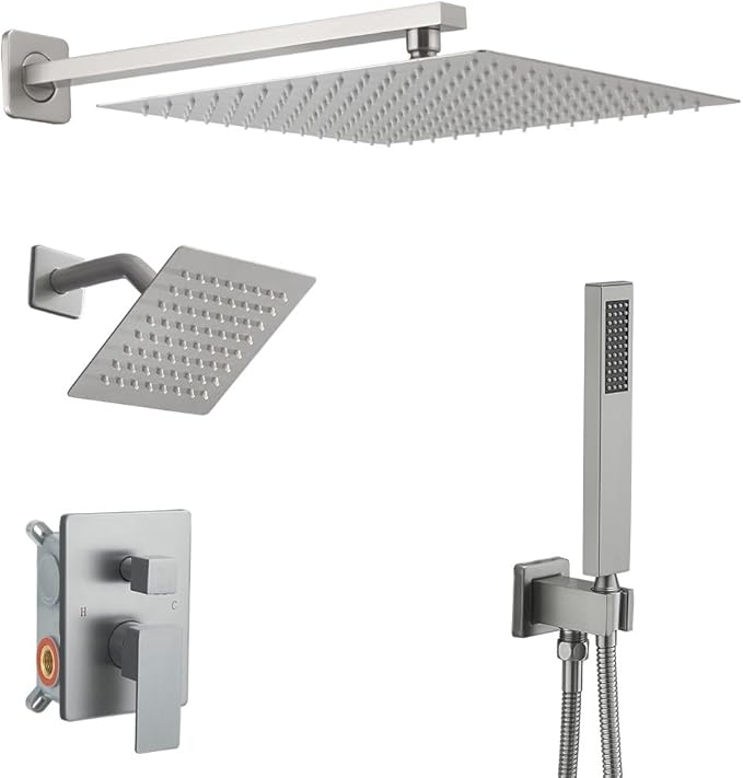 Shower Faucet Set Brushed Nickel Shower System, Knob Switch Diverter Shower Faucet with High Pressure Handheld Spray, Wall Mount 12 Inch Shower Head with 6 Inch Wall Mount Shower Head