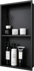 Shower Niche 12x24, Matte Black, No Tile Needed 304 Stainless Steel Recessed Wall Niche Insert with Double Shelves, Built-in Sloped Base Drainage, in-Wall Shower Storage for Bathroom Remodel